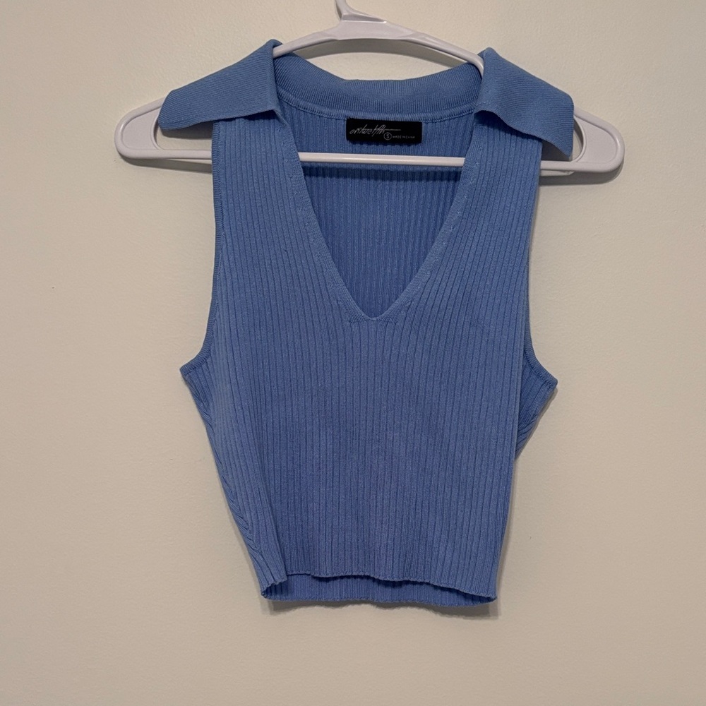 Blue Ribbed Collared Cropped Tank